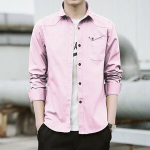 3XL ピンク（長袖） カジュアルシャツ メンズ シャツジャケット デニム ワーク 細身 タイト 春 夏 秋 冬