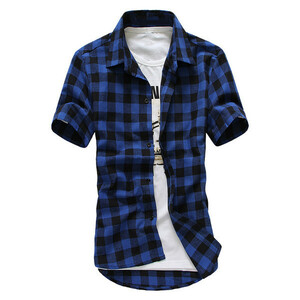 L ダークブルー チェックシャツ メンズ 半袖シャツ アメカジ シンプル 通気 柔らかい キレイめ プレゼント