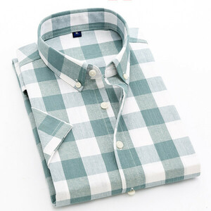 XL グリーン ボタンダウンシャツ 半袖 メンズ チェック柄 スリム 通勤 通学 アメカジ 涼しい 夏