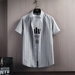 XL グレー 半袖 シャツ メンズ ストライプ柄 ビジネス カッターシャツ クールビズ 通学 通勤