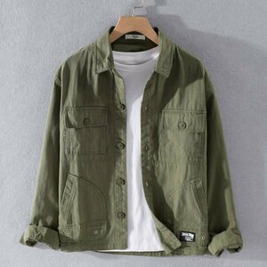 2XL グリーン アウター カバーオール メンズ 無地 綿100％ シンプル ブルゾン 作業服 ワーク 秋 シャツジャケット