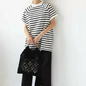 M B- white T-shirt cut and sewn lady's border plain short sleeves mok neck body type cover easy oversize tops spring summer 