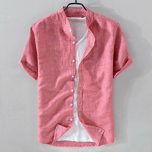 L ピンク 半袖シャツ メンズ 無地 バンドカラー カジュアル リネン コットン 通気 夏 シンプル