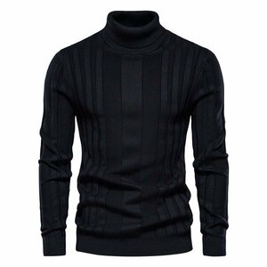 S ブラック ニットセーター メンズ 無地 長袖 タートルネック 編み シンプル 春 秋 冬 柔らかい 格好いい 暖かい