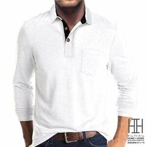L ホワイト ポロシャツ メンズ ゆったり 長袖 ミリタリー系 切り替えデザイン 胸ポケット付き メンズポロシャツ トップス