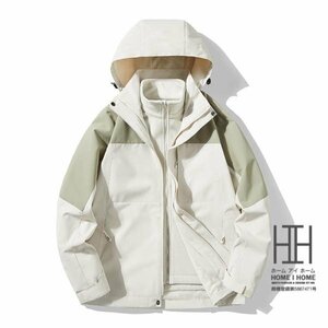 4XL ホワイト+抹茶 マウンテンパーカー メンズ レディース 3way フード脱着可 登山服 防風 ボアライナー付き 取り外し可 フリース 撥水