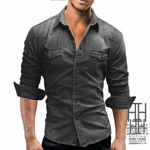 2XL グレー シャツ メンズ メンズシャツ メンズ 長袖シャツ ワークシャツ スナップボタン 長袖
