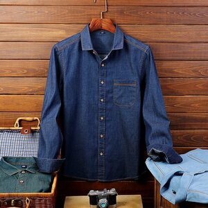 2XL ブルー デニムシャツ メンズ 長袖 カジュアル 綿100％ ウォッシュ加工 カジュアルシャツ デニム