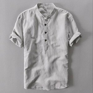 XL グレー リネンシャツ メンズ 半袖 無地 通気 麻綿 シャツ 白シャツ カジュアル 春 夏物