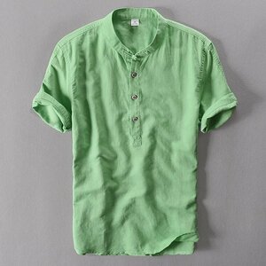 XL グリーン リネンシャツ メンズ 半袖 無地 通気 麻綿 シャツ 白シャツ カジュアル 春 夏物