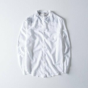 2XL ホワイト色 リネンシャツ バンドカラー 長袖 メンズ 大きいサイズ 白 リネン コットン