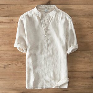 XL ベージュ リネンシャツ メンズ 五分袖 綿麻 無地 ヘンリーネック 白シャツ カジュアル リネン 夏 バンドカラー