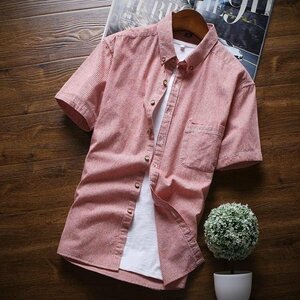 レッド色 Sサイズ ボタンダウンシャツ メンズ 半袖 ストライプ シンプル 綿100％ カジュアルシャツ 夏