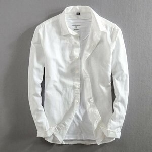 ホワイト色 XLサイズ リネンシャツ メンズ 長袖 無地 綿 麻 シンプル 新作 カジュアルシャツ 秋物
