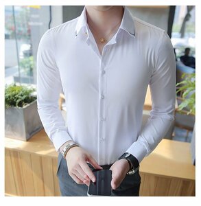 ホワイト色 4XLサイズ カジュアルシャツ メンズ 長袖 襟刺繍シャツ カジュアル シンプル オシャレ ワンポイント トップス