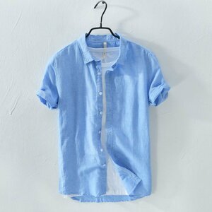 L ブルー リネンシャツ メンズ 半袖 無地 麻混シャツ カジュアルシャツ 白シャツ