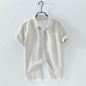 XL カーキ リネンシャツ メンズ 半袖 無地 麻混シャツ カジュアルシャツ 白シャツ