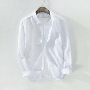 L ホワイト リネンシャツ メンズ 長袖 無地 麻混シャツ カジュアルシャツ 白シャツ