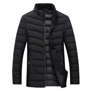 ブラック色 Lサイズ 中綿ジャケット キルティングコート メンズ 無地 刺繍入り 立ち襟 防風 保温 シンプル 冬物