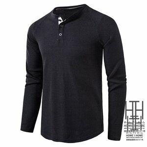 2XL ブラック ヘンリーネックtシャツ メンズ 長袖 無地 ワッフル 長袖tシャツ ロングtシャツ ロンt トップス カットソー