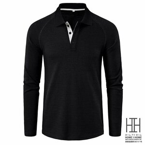 M ブラック ポロシャツ メンズ ゴルフウェア 長袖 大きいサイズ ラグランスリーブ ビッグシルエット ワッフル
