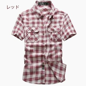 2XL レッド色 半袖シャツ 胸ポケット チェク柄 カジュアルシャツ 前開き ノーアイロン メンズ　大きいサイズ