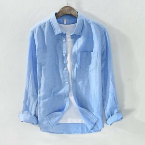 2XL ブルー リネンシャツ メンズ 長袖 無地 麻混シャツ カジュアルシャツ 白シャツ