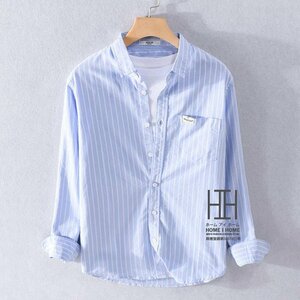 2XL ブルー色 メンズ カジュアルシャツ 長袖 ストライプ柄 ワンポイント ポケット付き ワークシャツ 羽織り ライトアウター
