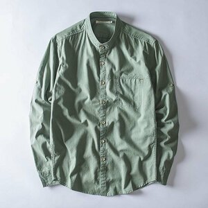 3XL グリーン色 リネンシャツ 長袖 メンズ バンドカラー カジュアルシャツ ラミー シャツ 涼しい 春夏 新作