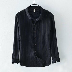 XL ブラック色 リネンシャツ 長袖 メンズ ストライプ 綿 麻 カジュアルシャツ シンプル 春夏新作