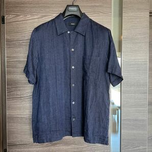 Theory Summer Linen ウォッシャブルリネン半袖シャツ　ネイビー