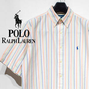 M / 90s POLO RALPH LAUREN ポロラルフローレン 半袖 コットン BDシャツ クラシックフィット ストライプ マルチカラー緑 オレンジ 青灰