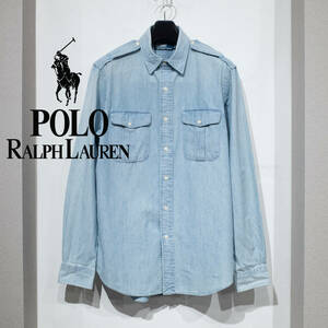 M / POLO RALPH LAUREN ポロラルフローレン ライトオンス デニム シャンブレー オフィサーシャツ エポレット ポケット ミリタリー ブルー