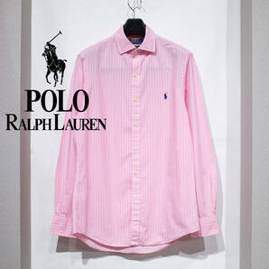 M / POLO RALPH LAUREN ポロラルフローレン セミワイドカラー シャツ スリムフィット コットン ストレッチ ストライプ ピンク トラッド