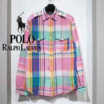 M / POLO RALPH LAUREN ポロラルフローレン マドラスチェック サファリシャツ リネンシャツ クラシックフィット エポレット マルチカラー_画像1