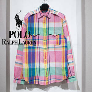 M / POLO RALPH LAUREN ポロラルフローレン マドラスチェック サファリシャツ リネンシャツ クラシックフィット エポレット マルチカラー