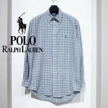 M / 90s POLO RALPH LAUREN ポロラルフローレン LOWELL SPORT ロウェルスポーツ レギュラーカラー コットンシャツ チェック ブルー グレー _画像1