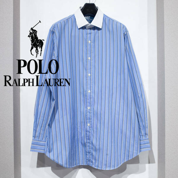 17（XL相当） / POLO RALPH LAUREN ポロラルフローレン REGENT リージェント クレリックシャツ ストライプ ブルー 青 クラシックフィット