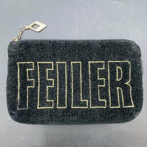 G0522G23.12　FEILER フェイラー ロゴ ポーチ ブラウン 茶色 ドイツ製 生地 綿100% 金 刺繍　シュニール織　数回使用程度