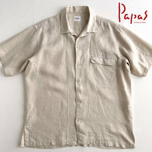 【極美品】パパス Papas リネン100% 半袖シャツ 開襟シャツ メンズ ベージュ