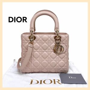 高級 Christian Dior レディディオール レザー ゴールド ロゴチャーム カナージュ ミディアム 2way ショルダー ハンドバッグ 16-BO-0197