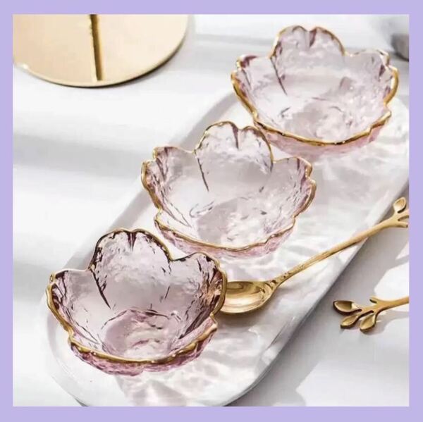 金縁 桜小鉢 セット　ガラス サクラ　ピンク 和食器　小皿　取り皿　醤油　豆皿
