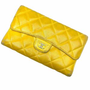 1円〜★CHANEL シャネル 長財布 ロングウォレット マトラッセ ココマーク ラムスキン 羊革 イエロー 黄色 鑑定済 