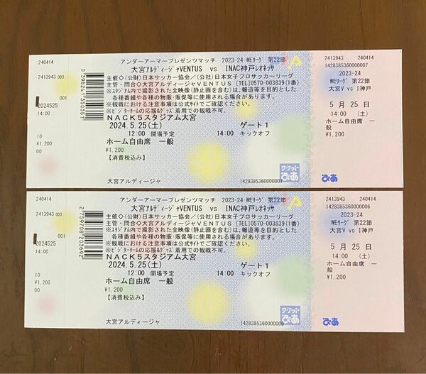 大宮アルディージャVENTUS vs INAC神戸レオネッサ ホーム自由席ペアチケット 5月25日(土)