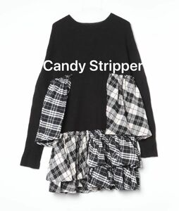 609 Candy Stripper チェック　フリル　長袖　ワンピース　黒ワンピース 長袖 チュニック ブラック ドッキング 