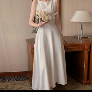 【綺麗】M ウエディングドレス ホワイト ワンピース パーティー シンプル 前撮り 2次会 二次会 フォトウェディング 白 ワンピ ロングドレス