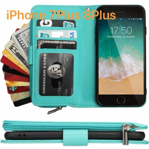 iPhone 7Plus 8Plusケース 手帳型 財布型 ストラップ付き 水色