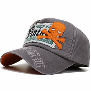 帽子 メンズ レディース スカル ワッペン アメカジ CAP コットン キャップ 3 ドクロ　チャコール