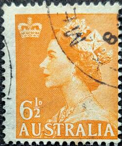 【外国切手】 オーストラリア 1953年04月21日 発行 エリザベス女王2世 - 左上隅の王冠 消印付き