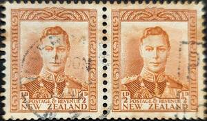 【外国切手】 ニュージーランド 1938年03月01日 発行 キング・ジョージ5世-1 2連刷 消印付き